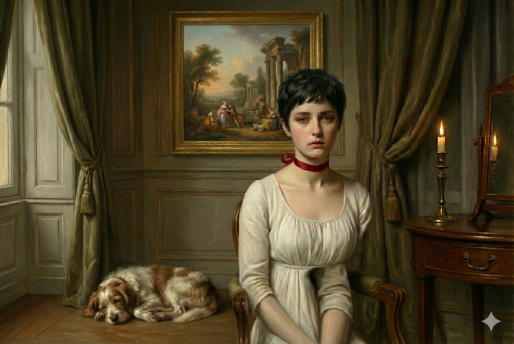 The most enduring symbol of this era was the thin red ribbon worn tightly around the neck.