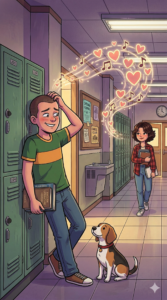 A bashful 70s schoolboy blushing and scratching his head as a girl walks past in a school hallway. A glowing trail of hearts and musical notes emanates from his head towards her, symbolizing a crush. A Beagle dog sits nearby.
