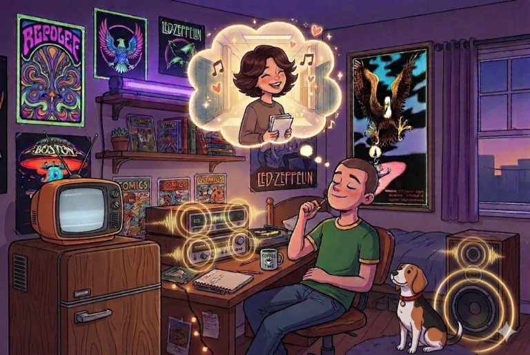 A stylized illustration of a happy young man with short brown hair sitting contentedly at a desk in a cozy, vintage, poster-filled bedroom at dusk. He is smiling with his eyes closed and holding a pen. Above him, a large, glowing thought bubble shows a smiling woman with curly brown hair singing and holding lyrics, surrounded by musical notes and hearts. His desk is covered in books, vintage stereo equipment, a record player, and a coffee mug. The walls are adorned with classic band posters (like Led Zeppelin and Boston) and string lights. A loyal beagle dog sits on the floor next to one of the speakers, looking at the man. A vintage CRT TV is on a wooden cabinet, and a large window shows a cityscape at twilight.