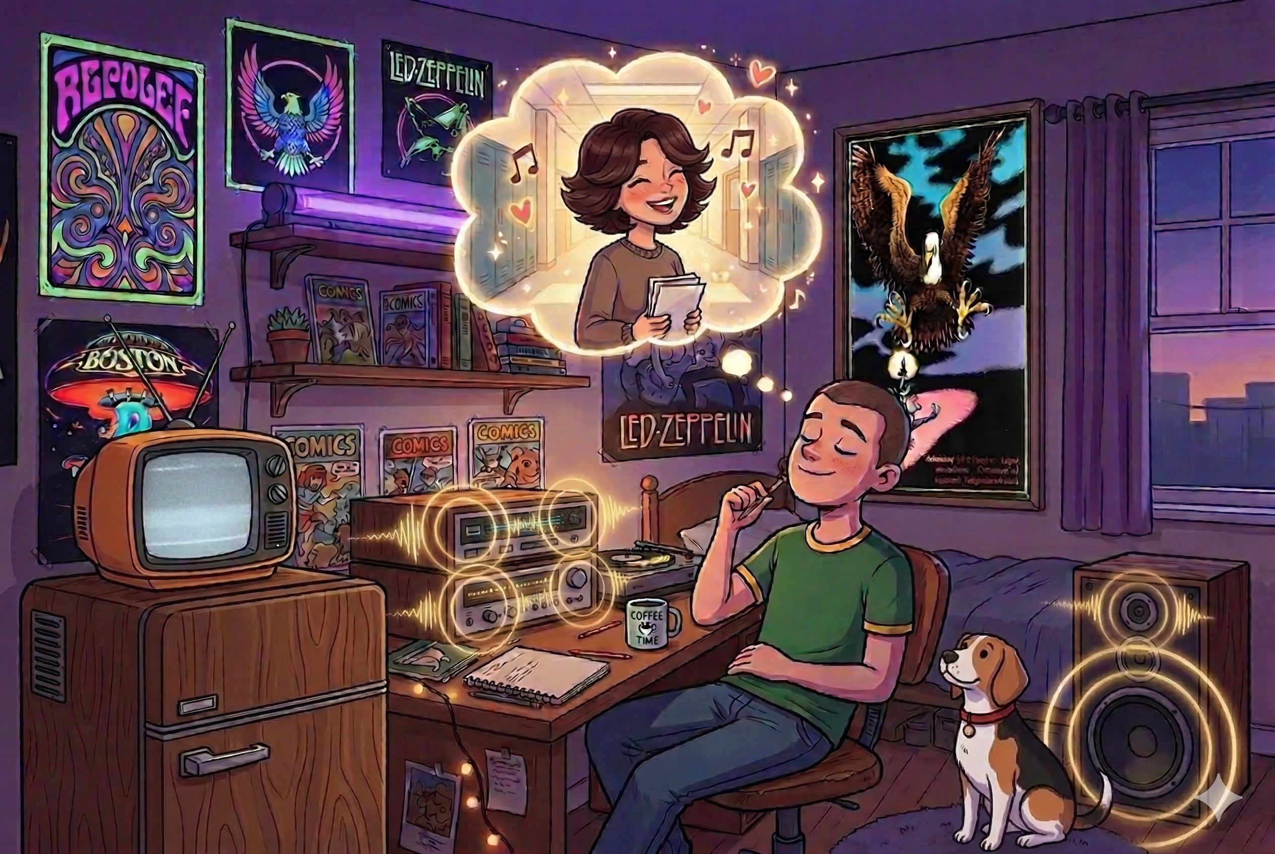 A stylized illustration of a happy young man with short brown hair sitting contentedly at a desk in a cozy, vintage, poster-filled bedroom at dusk. He is smiling with his eyes closed and holding a pen. Above him, a large, glowing thought bubble shows a smiling woman with curly brown hair singing and holding lyrics, surrounded by musical notes and hearts. His desk is covered in books, vintage stereo equipment, a record player, and a coffee mug. The walls are adorned with classic band posters (like Led Zeppelin and Boston) and string lights. A loyal beagle dog sits on the floor next to one of the speakers, looking at the man. A vintage CRT TV is on a wooden cabinet, and a large window shows a cityscape at twilight.