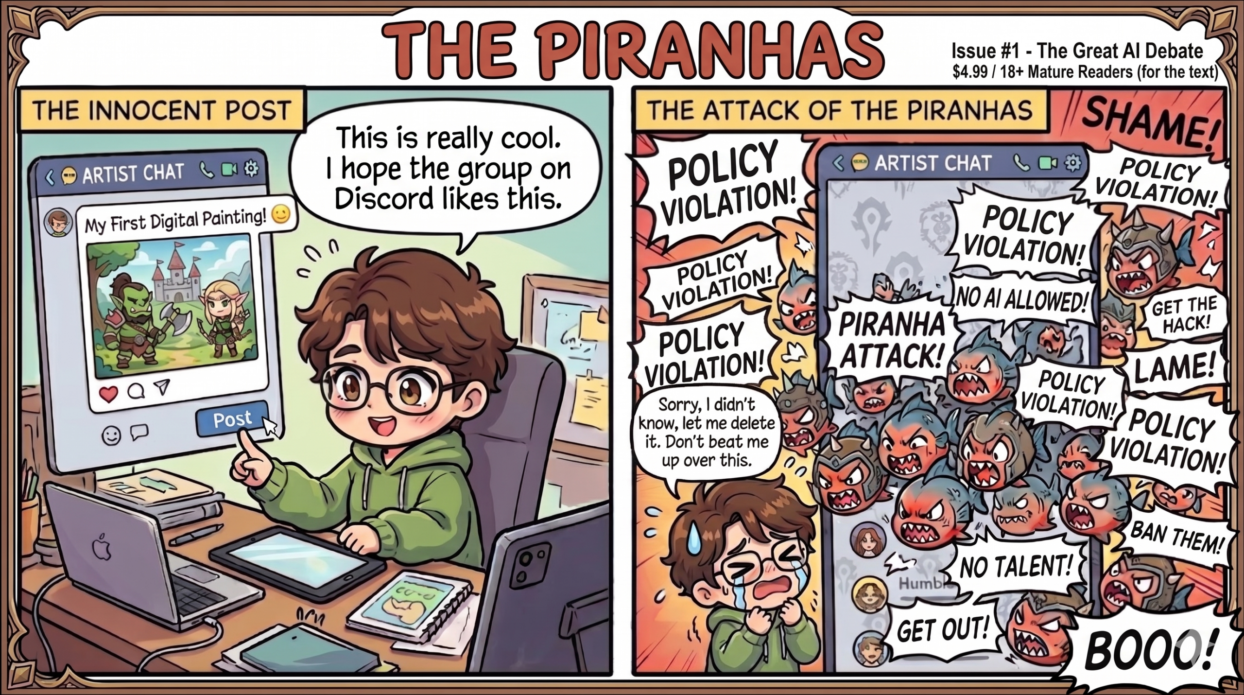 A two-panel comic strip titled "THE PIRANHAS: Issue #1 - The Great AI Debate." The first panel, labeled "THE INNOCENT POST," shows a happy, cartoon-style boy with brown hair, glasses, and a green hoodie sitting at his desk. He is clicking "Post" on an app called "ARTIST CHAT" to share an image of an orc and an elf with the caption "My First Digital Painting! :)". He has a speech bubble saying, "This is really cool. I hope the group on Discord likes this." The second panel, labeled "THE ATTACK OF THE PIRANHAS," shows the boy terrified, sweating, and crying. His phone screen is massive and overflowing with aggressive, helmet-wearing piranhas yelling angry comments like "POLICY VIOLATION!", "SHAME!", "NO AI ALLOWED!", "NO TALENT!", and "BAN THEM!". A speech bubble from the boy reads, "Sorry, I didn't know, let me delete it. Don't beat me up over this."