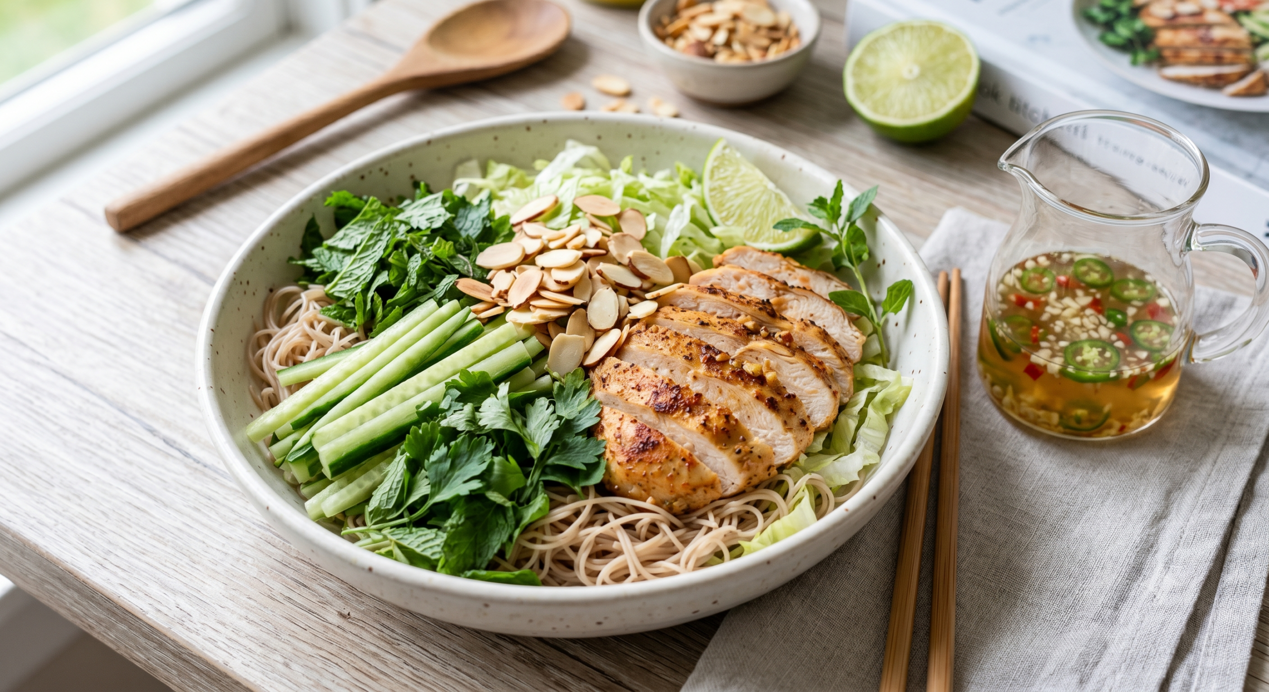 A vibrant Vietnamese-style bun noodle salad bowl on a rustic wooden table, featuring grilled chicken breast, brown rice vermicelli noodles, shredded lettuce, mandoline-sliced cucumbers, fresh mint, and chopped peanuts, served with a side of chili-flecked lime dressing.